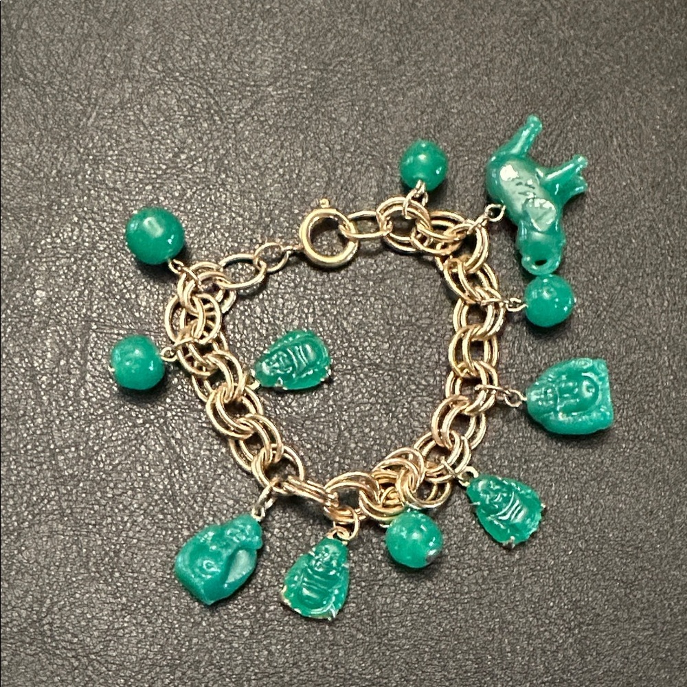 Germany Signed Goldtone Double Link Faux Jade Glass Vintage Charm Bracelet